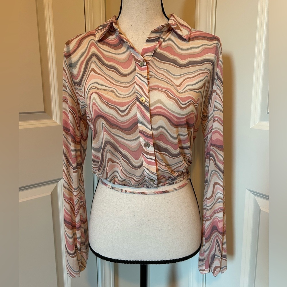 Funky mesh cropped, button-down, collared, long sleeve shirt